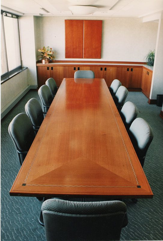 Custom built office furniture, inlay boardroom table, Bozeman MT
