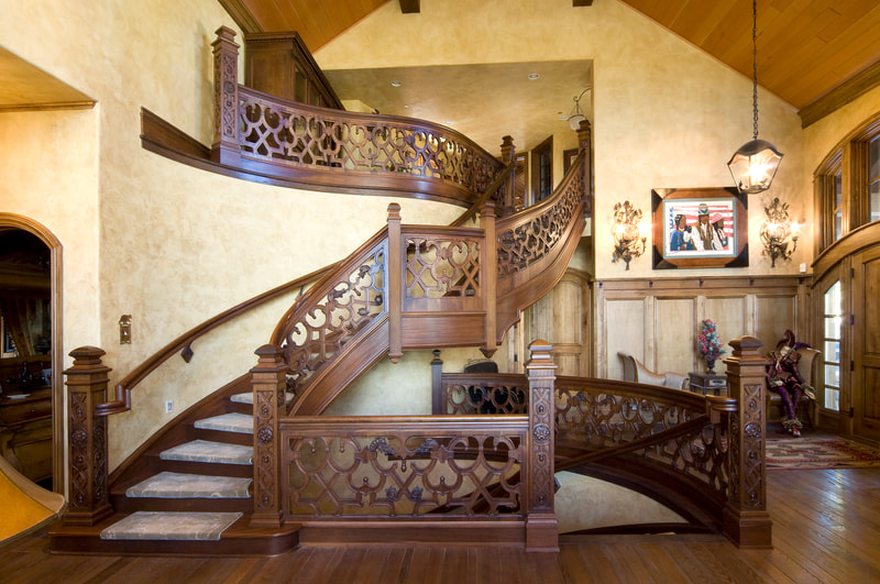 carved stairway, custom Handrail, luxury residential design, mountain living, bespoke design, Montana